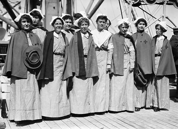 RED CROSS NURSES, 1914. Nurses on the deck of the Red Cross bound for Europe
