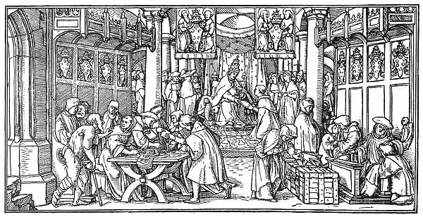 REFORMATION: INDULGENCES. The selling of indulgences. Woodcut, German, 16th century