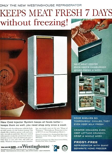 REFRIGERATOR AD, 1959. Adverstisement for the new Westinghouse refrigerator with cold injector system, from an American magazine