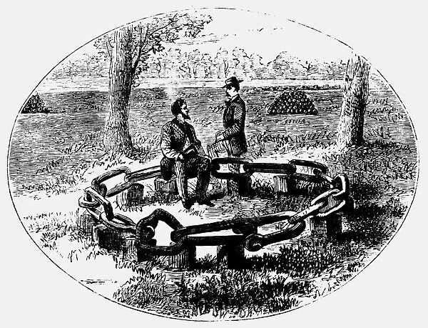 Relic of the great chain used by British forces to blockade the Hudson River during the Revolutionary War. Line engraving, 1868