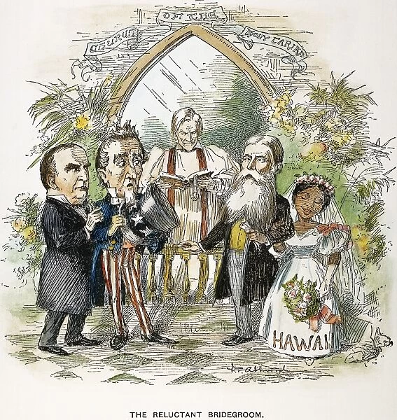 The Reluctant Bridegroom. An 1897 American cartoon on the growing annexation movement. Secretary of State John Sherman officiates, President William McKinley is Uncle Sams Best Man, and the President of the Republic of Hawaii, Sanford B. Dole, is giving the bride away