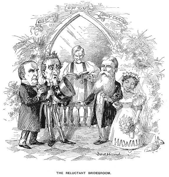 The Reluctant Bridegroom. An 1897 American cartoon on the growing annexation movement. Secretary of State John Sherman officiates, President William McKinley is Uncle Sams Best Man, and the President of the Republic of Hawaii, Sanford B. Dole, is giving the bride away