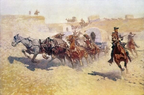 REMINGTON: ATTACK. Attack on a Supply Train. Oil on canvas by Frederic Remington