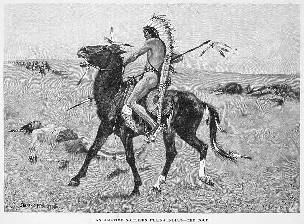 REMINGTON: PLAINS NATIVE AMERICAN. An old-time Northern Plains Native American. The Coup. Wood engraving, 1891, after Frederic Remington