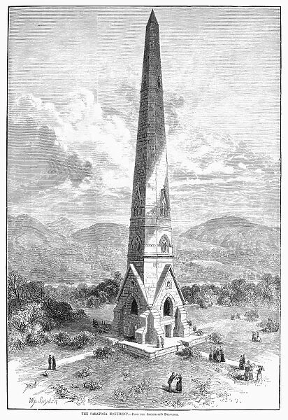 A rendering of the 155 feet obelisk, completed in 1882, commemorating the American victories in the Revolutionary War battles at Saratoga, New York, in 1777. Wood engraving, 1877