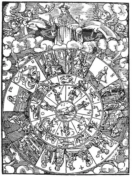 Representation of the horoscope, with the seven planets, the twelve signs of the zodiac, and the twelve houses rotating around the earth. Woodcut from the title page of Leonhard Reymanns Nativitats Kalender, Nuremberg, Germany, 1515