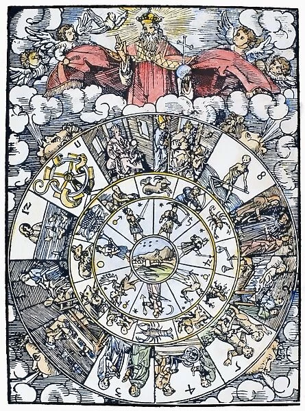 Representation of the horoscope, with the seven planets, the tweleve signs of the zodiac, and the twelve houses rotating around the earth. Woodcut from the title page of Leonhard Reymanns Nativitats Kalender, Nuremberg, Germany, 1515