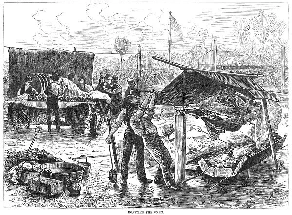 REPUBLICAN BARBECUE, 1876. Roasting oxen at a barbecue held by the Republican Party in Brooklyn, New York, during the presidential election of 1876. Wood engraving, 1876