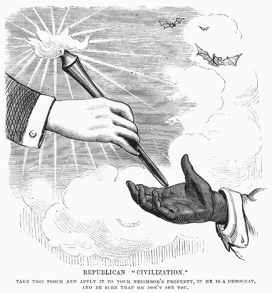 Republican Civilization. American cartoon, 1876, accusing the Republican Party of encouraging blacks to intimidate Democrats by destroying their property during that years presidential campaign