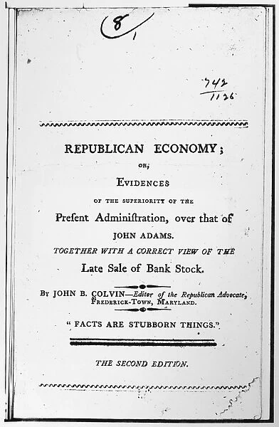 Republican Economy; or, Evidences of the Superiority of the Present Administration Over that of John Adams, written by John Colvin, c1802. Title page of a book from Thomas Jeffersons library, extolling his Republican economy