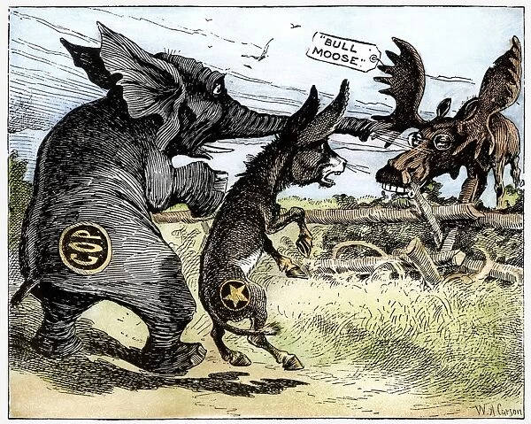 The Republican elephant and Democratic donkey react in alarm at the approach of the Progressive Bull Moose party, wearing the spectacles of its presidential candidate, Theodore Roosevelt. American cartoon, 1912, by W. A. Carson