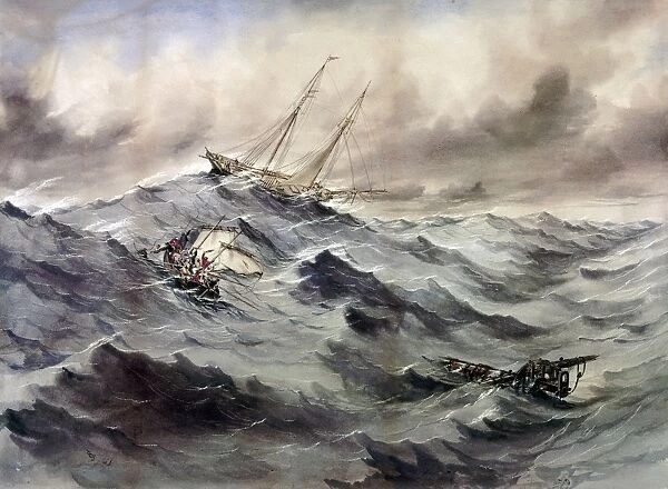 A RESCUE AT SEA, c1862. A schooner throws a lifeline to a lifeboat of people. Watercolor by an unknown American artist, c1862