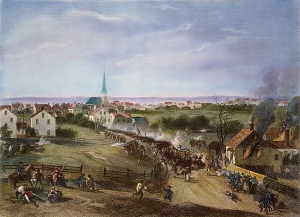 The retreat of the British from the Battle of Concord, 19 April 1775: colored engraving, 19th century, after Alonzo Chappel