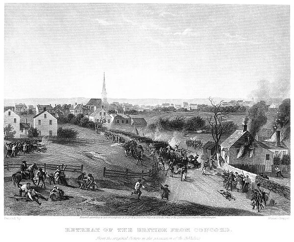 The retreat of the British from the Battle of Concord during the American Revolution, 19 April 1775. Steel engraving, 1874, after Alonzo Chappel