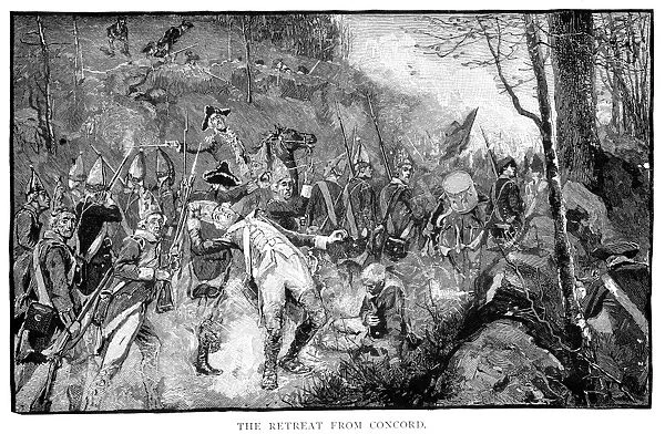 The retreat of the British from Concord, Massachusetts, 19 April 1775. Wood engraving, 19th century