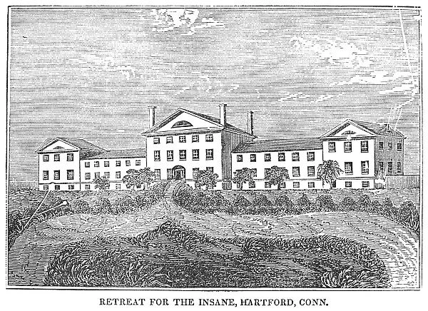 The Retreat for the Insane at Hartford, Connecticut, erected in 1824. Wood engraving, 1854