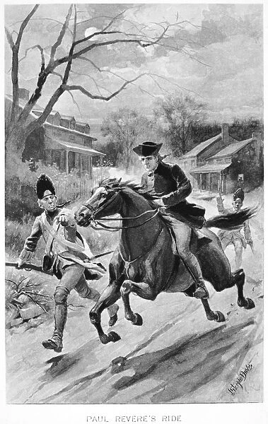 Reveres ride from Boston to Lexington, Massachusetts, 18 April 1775. Illustration, 1896, by John Steeple Davis