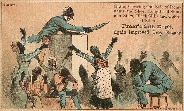 REVIVAL MEETING, 1882. American trade card, 1882, for Frears Silk Department with