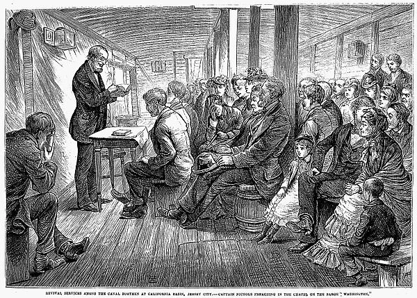 REVIVAL MEETING ON BARGE. A ships captain preaching a revival service for boatmen and their families aboard a barge at Jersey City, New Jersey. Wood engraving, American, late 19th century