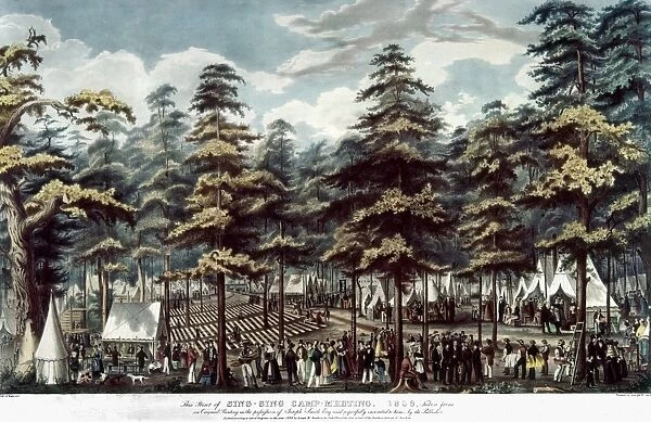 REVIVAL MEETING, c1838. Sing Sing Camp Meeting. Hand-colored lithograph by Joseph B
