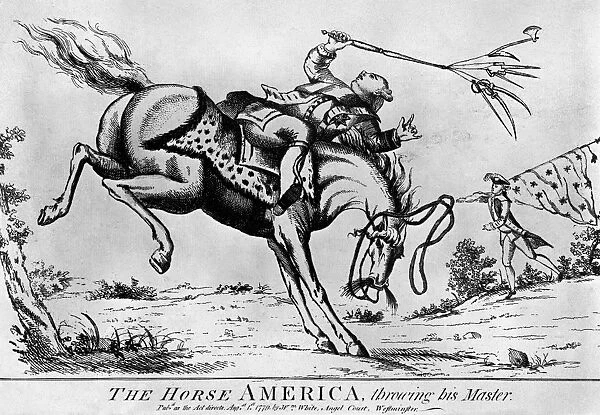 REVOLUTIONARY WAR: CARTOON. The Horse America Throwing his Master. English cartoon, 1779, predicting the outcome of the American Revolutionary War