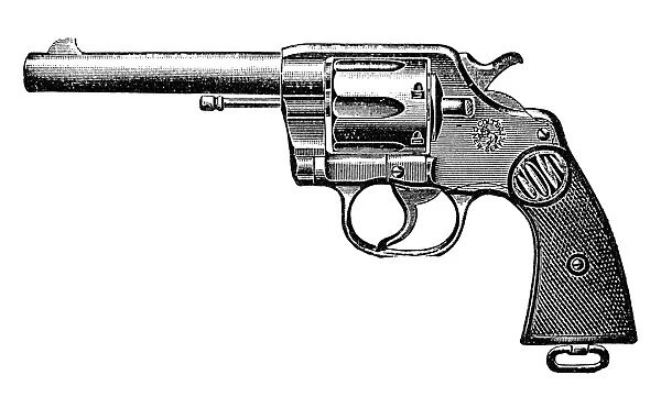 REVOLVER, 19th CENTURY. Colt New Service Double Action Revolver. Engraved advertisement from a late 19th century American newspaper