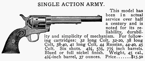 REVOLVER, 19th CENTURY. Single Action Army Revolver. Line engraving, late 19th century