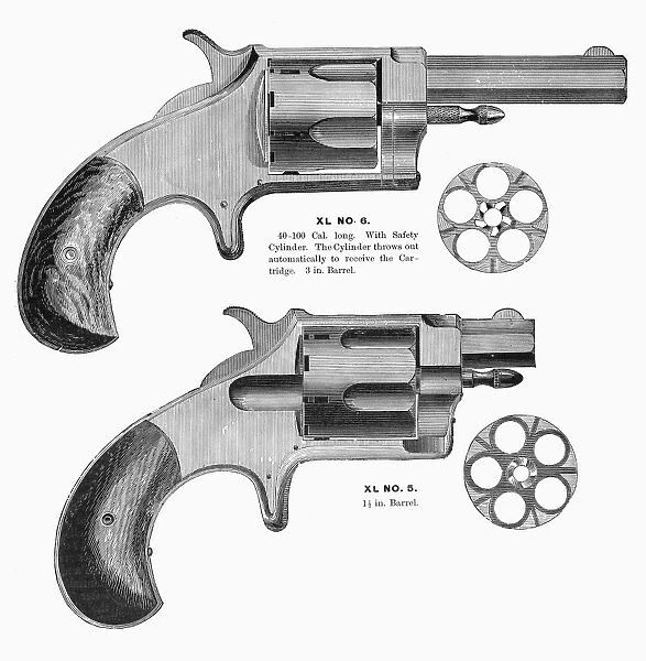 REVOLVERS, 19th CENTURY. Two revolvers manufactured by the American company Merwin, Hultert and Co. Line engraving, 1870s or 1880s