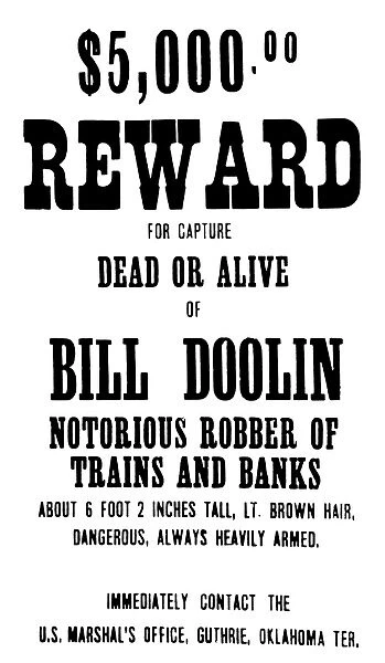 REWARD POSTER. A wanted poster issued after the Doolin Gang held up a Rock Island