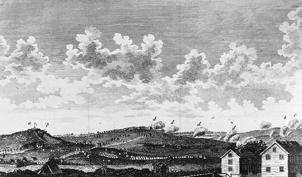 RHODE ISLAND SIEGE, 1778. Units of the Continental Army besieging the island of Rhode Island (present day Aquidneck Island) held by British forces, August 1778. Contemporary line engraving
