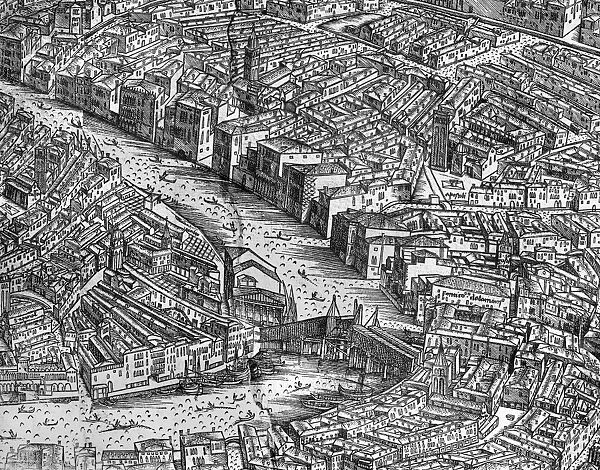 The Rialto Bridge in Venice. Detail of a 16th century engraved map