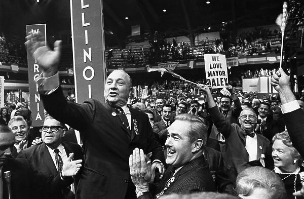 RICHARD J. DALEY (1902-1976). American politician. Mayor Daley acknowledging cheers as he arrives on the convention floor for the closing session of the Democratic National Convention in Chicago, Illinois, 29 August 1968