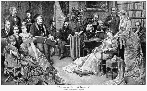 RICHARD WAGNER (1813-1883). German composer. Wagner (seated with book, at left) and Franz Liszt (at piano) at Bayreuth. Line engraving, late 19th century, after a painting by Georg Papperitz (1846-1918)