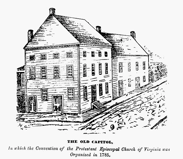RICHMOND: FIRST CAPITOL. The Old Capitol, which from 1780 to 1785 served as the temporary Capitol of Virginia. Wood engraving, mid-19th century