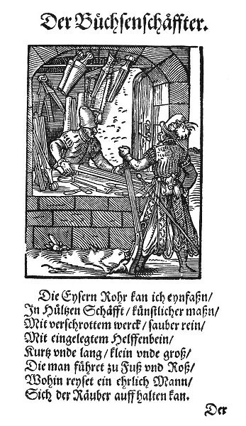 THE RIFLE BUTT MAKER, 1568. The rifle butt maker mounts the iron rifle in artistically