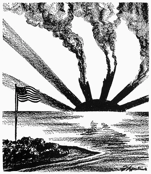 Rising Sun at Midway. American cartoon by. D. R. Fitzpatrick, 1942, on the decisive Allied victory over the Japanese at the Battle of Midway, 3-6 June 1942