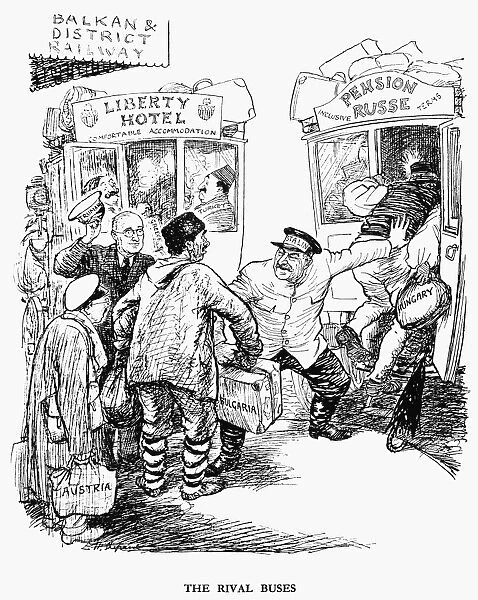 The Rival Buses. English cartoon by Ernest Howard Shepard from Punch, 1947, caricaturing U. S. President Harry Truman (left) and Soviet dictator Joseph Stalin as rival bus drivers competing for passengers in central and southeastern Europe