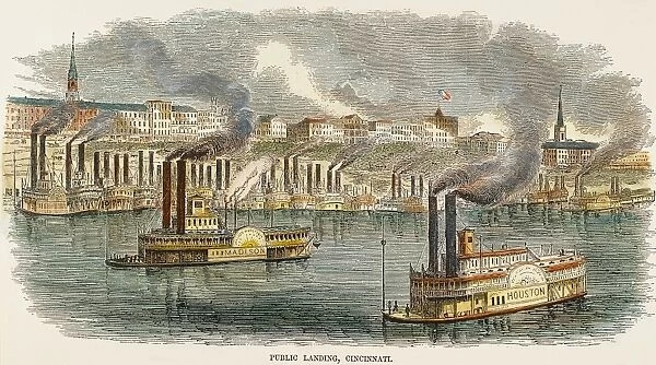 RIVERBOATS AT CINCINNATI. Riverboats at the public landing, Cincinnati, Ohio. Color engraving, American, 1855