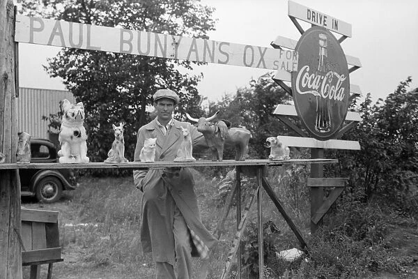 ROADSIDE STAND, 1939. Stand selling Paul Bunyan memorabilia near Bemidji, Minnesota