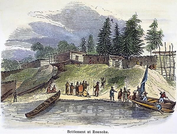 ROANOKE: COLONY, c1587. The settlement at Roanoke Island, c1587. Wood engraving, American, 19th century