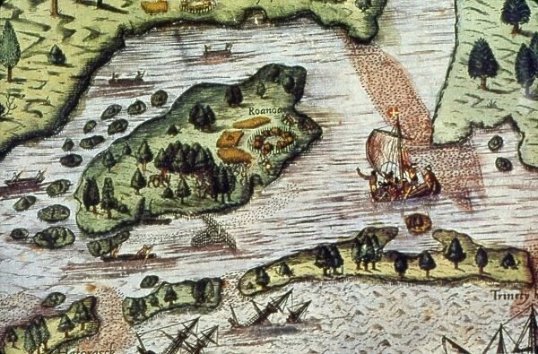 ROANOKE ISLAND, 1585. English settlers landing at Roanoke Island in 1585. Detail of a map, c1590