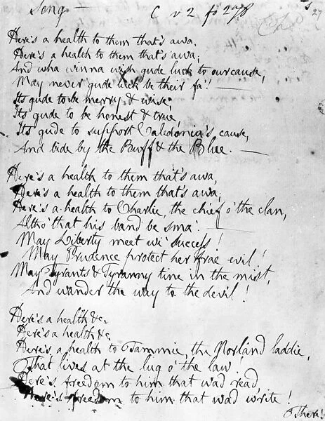 ROBERT BURNS SONG. Heres a health to them thats awa. The holograph manuscript of the song written by Burns in support of the Whigs about the end of 1792