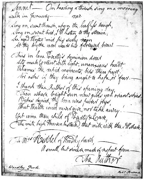 ROBERT BURNS SONNET, 1793. On hearing a thrush sing on a morning walk in January, 1793. A sonnet by Robert Burns in the authors handwriting