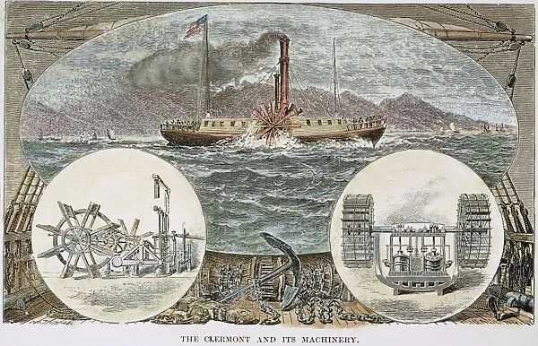 ROBERT FULTONs CLERMONT. Robert Fultons first steamboat, Clermont, and its machinery. Color, wood engraving, 19th century