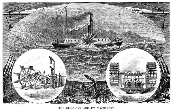 ROBERT FULTONs CLERMONT. Robert Fultons first steamboat, Clermont, and its machinery. Wood engraving, 19th century