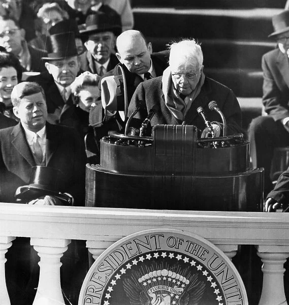 ROBERT LEE FROST (1874-1963). American poet. Reciting a poem at the inauguration of President John F. Kennedy at the Capitol in Washington, D. C. 20 January 1961