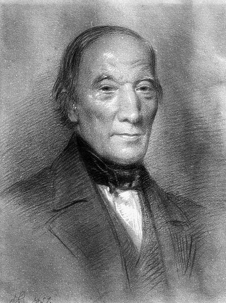 ROBERT OWEN (1771-1858). Welsh manufacturer and socialist. Chalk drawing, 1851