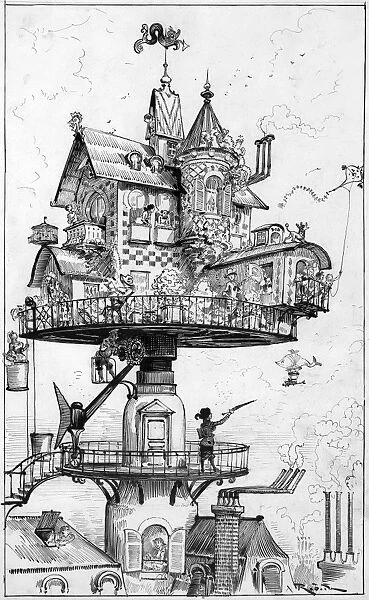ROBIDA: DWELLINGS. Illustration of a dwelling from the futuristic novel Le vingtieme