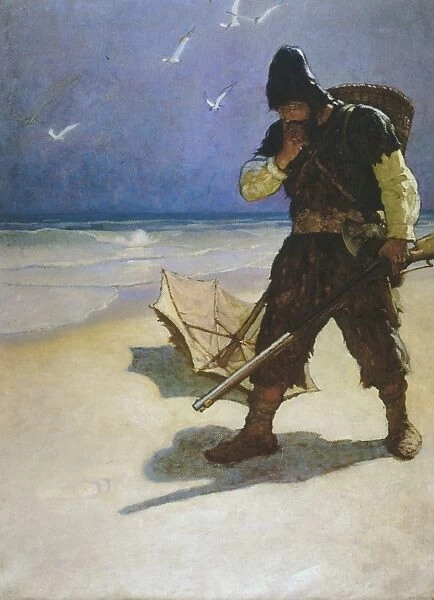 ROBINSON CRUSOE. On the beach. Illustration, 1920, by N. C. Wyeth