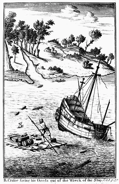 ROBINSON CRUSOE. R. Crusoe saving his Goods out of the Wreck of the Ship. Engraved illustration for an edition of Daniel Defoes Robinson Crusoe, published in London, 1722